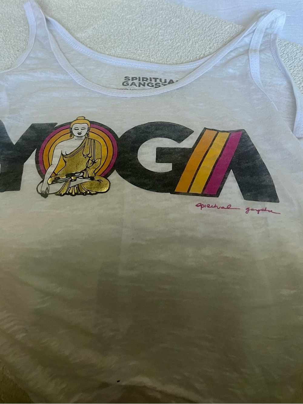 Spiritual Gangster White Tank with Yellow & Pink Yoga Graphic